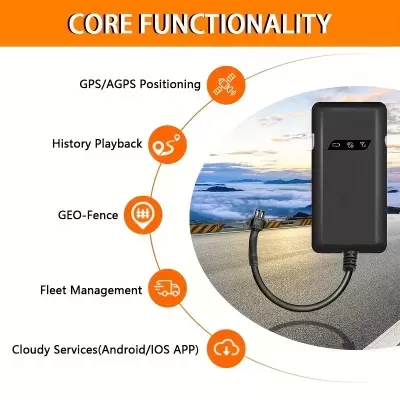 Dispositivo eletrônico preto com funcionalidades destacadas em texto e ícones