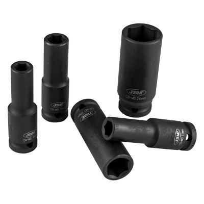 Conjunto de cinco soquetes de impacto JBM em aço preto fosco com vários tamanhos