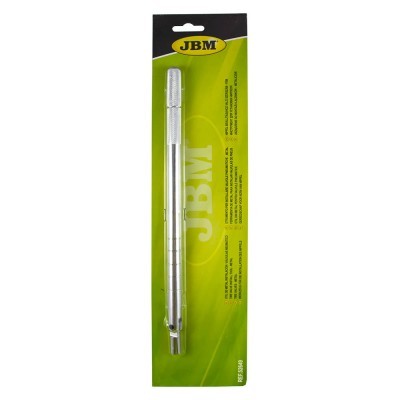 Caneta esferográfica metálica prata com tampa e clip, embalagem verde com logo JBM