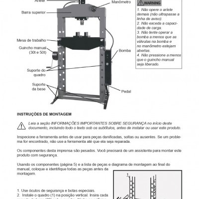 Prensa hidráulica preta com instruções e componentes identificados em português