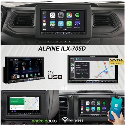 Sistema Alpine 2 din 7" chassis de 1 din, com  CarPlay Apple Wireless e Android Auto, Bluetooth,  DAB, WiFi, 2 USB, HDMI, entrada câmara traseira ILX-705D