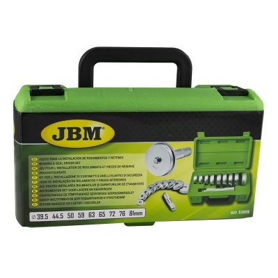 Estojo verde e preto com ferramentas para instalação de rolamentos e retentores da marca JBM