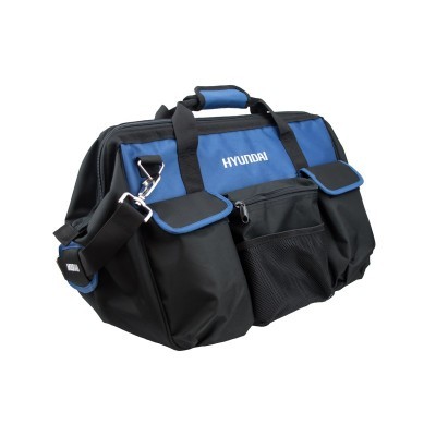 Mala de ferramentas Hyundai preta e azul com vários bolsos