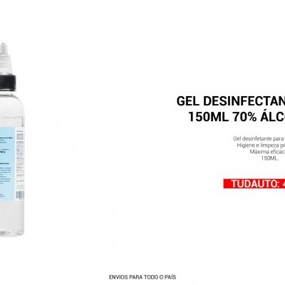 Frasco de gel desinfectante de mãos transparente com texto e preço