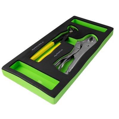 Conjunto de alicates em base de espuma preta com moldura verde