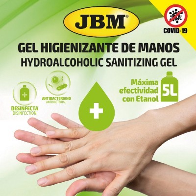 Embalagem de gel higienizante JBM 5L com texto em português, fundo verde e amarelo e mãos aplicando gel