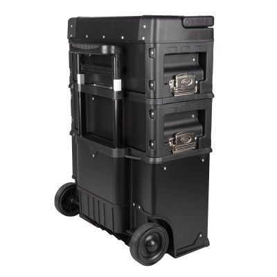 Carrinho de transporte preto para ferramentas com rodas e caixas empilhadas