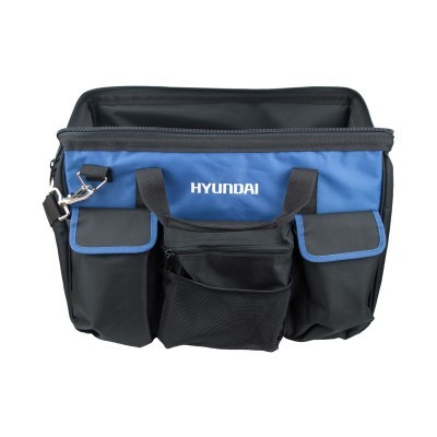 Mala de ferramentas Hyundai preta e azul com vários bolsos e logo branco