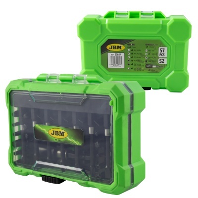 Estojo verde com kit de 57 peças para ferramentas da marca JBM