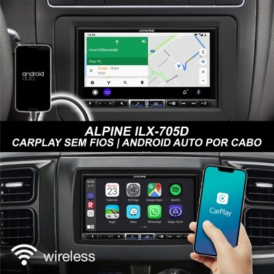 Sistema Alpine 2 din 7" chassis de 1 din, com  CarPlay Apple Wireless e Android Auto, Bluetooth,  DAB, WiFi, 2 USB, HDMI, entrada câmara traseira ILX-705D