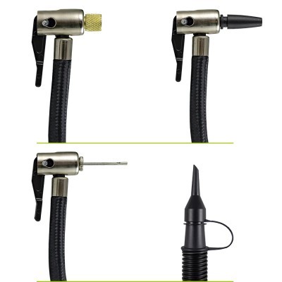 Quatro vistas de bomba de ar preta e metálica com bicos diferentes e tubo flexível