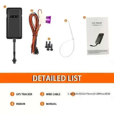 Kit com rastreador GPS, cabo, parafusos, fita plástica e manual