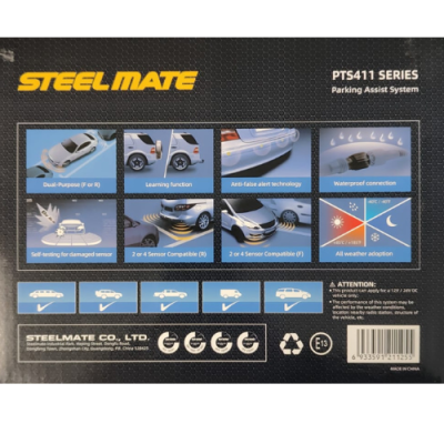 Embalagem do sistema de assistência de estacionamento STEELMATE PTS411 SERIES com gráficos e texto informativo.