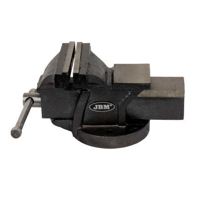 Morsa de bancada em metal preto com manípulo prateado e base circular