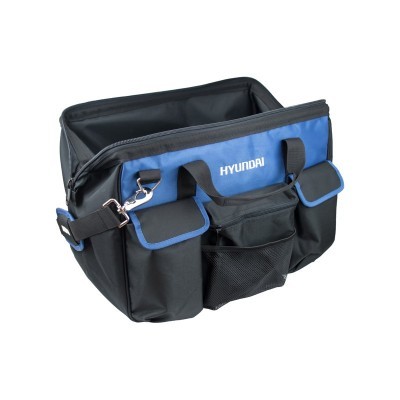 Mala de ferramenta preta e azul com bolsos exteriores e logótipo HYUNDAI