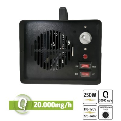 Dispositivo preto quadrado com botões e ventoinha, com especificações técnicas