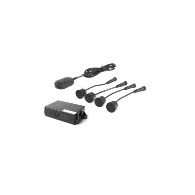 Conjunto de sensores de estacionamento automóvel pretos com unidade central e cabos
