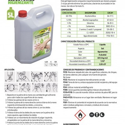 Recipiente de 5L de gel de mãos higienizante JBM com rótulo técnico e instruções de uso.