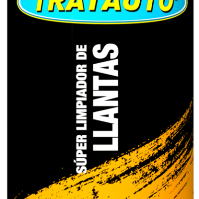 Lata de spray TRATAUTO limpiador de llantas com texto em espanhol e imagem de roda antes e depois