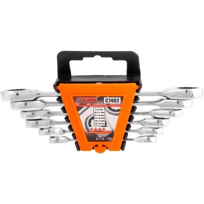 Conjunto de chaves fixas em aço cromado com suporte plástico preto e laranja