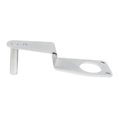 Suporte metálico prateado com base retangular e pino cilíndrico