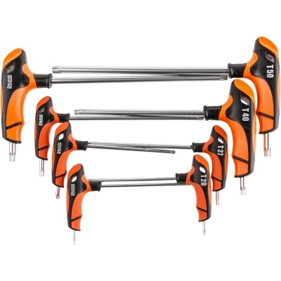 Conjunto de chaves T com cabos preto e laranja e hastes metálicas