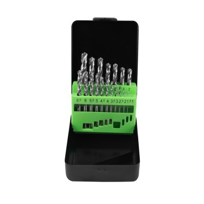 Jogo de brocas em suporte verde dentro de caixa preta aberta