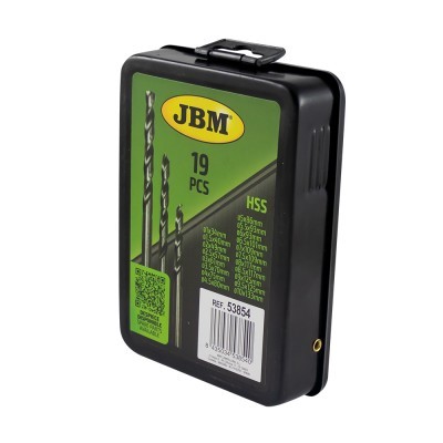 Estojo preto com conjunto de brocas JBM 19 peças HSS e etiqueta verde e amarelo