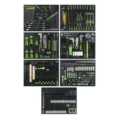 Conjunto de ferramentas profissionais organizadas em bandejas pretas com punhos verdes
