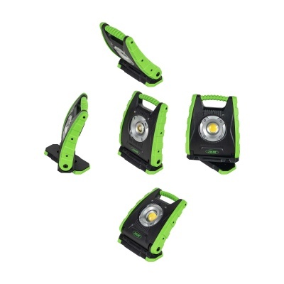 Lanterna LED portátil verde e preta com alça e suporte ajustável