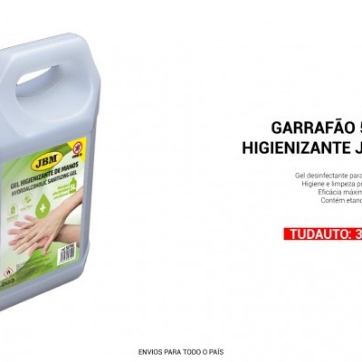 Frasco cinzento com tampa vermelha de gel higienizante de 5 litros e etiqueta com texto e preço.