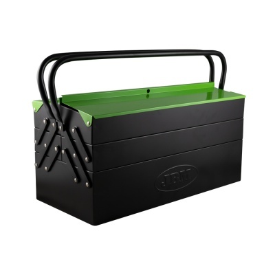 Caixa de ferramentas metálica preta e verde com alça dupla
