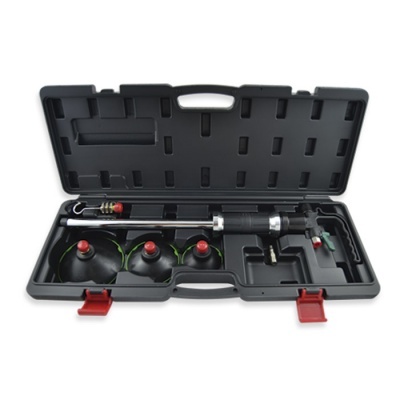 Conjunto de ferramentas para vácuo em caixa plástica preta com ventosas e componentes de metal