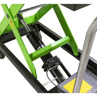 Detalhe de mecanismo hidráulico em equipamento com estrutura verde e preta