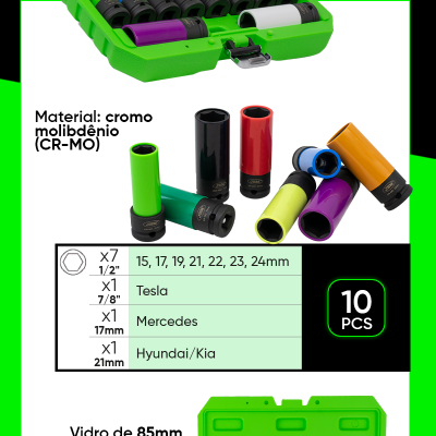 KIT DE 10 CHAVES DE IMPACTO 1/2" REMOÇÃO DE RODAS ESPECIAIS 53988