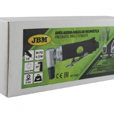 Caixa branca com amoladora angular pneumática JBM e especificações técnicas