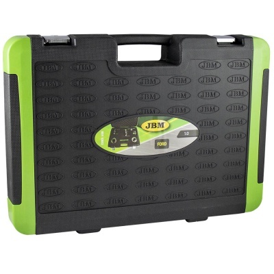 Mala de ferramentas preta com cantos verdes e etiqueta oval