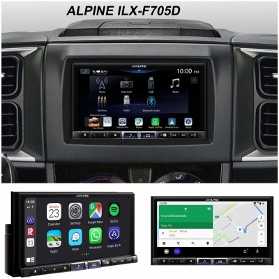 Sistema Alpine 2 din 7" chassis de 1 din, com  CarPlay Apple Wireless e Android Auto, Bluetooth,  DAB, WiFi, 2 USB, HDMI, entrada câmara traseira ILX-705D