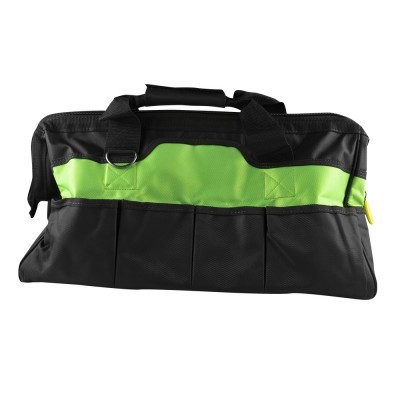 Mala de ferramentas preta com faixa verde e alças pretas