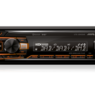 Aparelho de som automóvel Alpine UTE-2043A com visor digital a branco e detalhes laranja