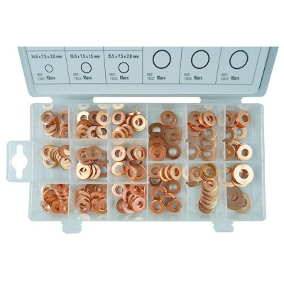 Conjunto de arruelas de cobre organizadas em caixa plástica com divisórias