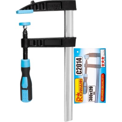 Grampo de aperto preto e azul com barra metálica e etiqueta colorida