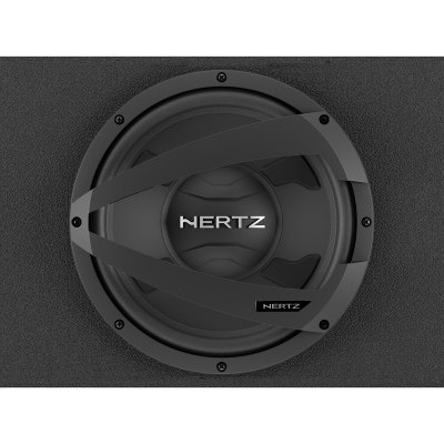 Subwoofer preto com grelha e texto HERTZ na frente
