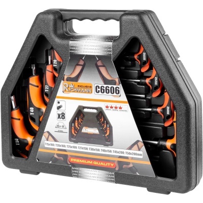 Conjunto de 8 chaves hexagonais com alças pretas e laranjas na caixa plástica preta