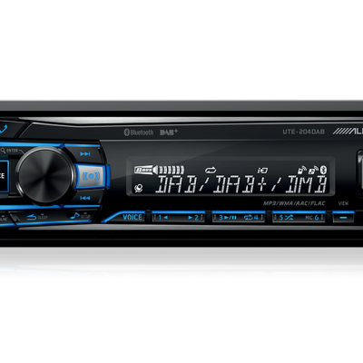 Auto-rádio Alpine preto com botões azuis e display digital
