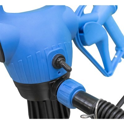 Ferramenta eléctrica azul com botão, pega e tubo preto