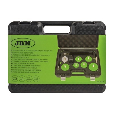 Estojo preto com ferramental para teste de sistema de arrefecimento de camiões da marca JBM