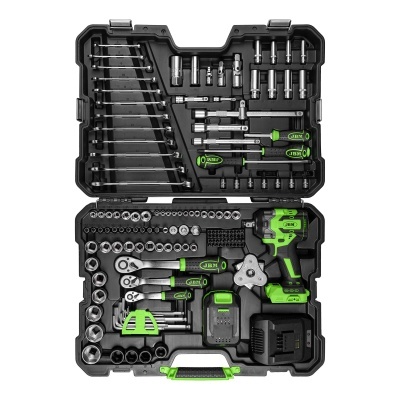 Estojo aberto com conjunto de ferramentas JBM em preto e verde