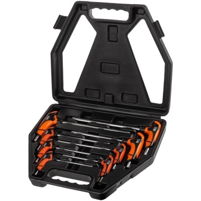 Conjunto de chaves allen com punhos laranja numa caixa preta aberta