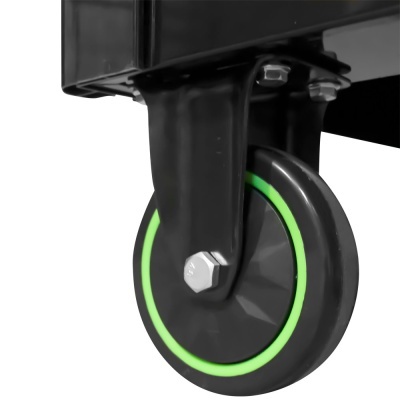 Roda giratória preta com anel verde em estrutura metálica preta